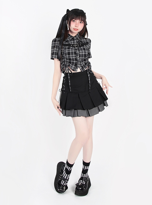 Starry Night Flight Series Unique Lapel Plaid Print Drawstring Design Metal Buckle Kawaii Fashion Short Sleeves Top