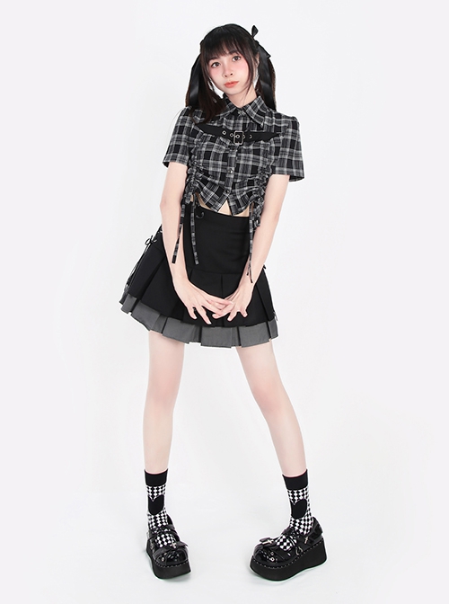 Starry Night Flight Series Unique Lapel Plaid Print Drawstring Design Metal Buckle Kawaii Fashion Short Sleeves Top