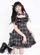 Gothic Detective Series Dark Plaid Print Sweet Bow Ruffles Metal Buckle Kawaii Fashion Puff Sleeves Dress