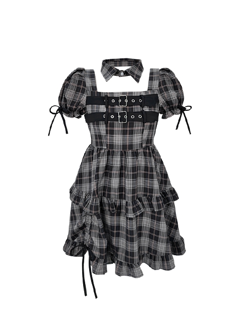 Gothic Detective Series Dark Plaid Print Sweet Bow Ruffles Metal Buckle Kawaii Fashion Puff Sleeves Dress