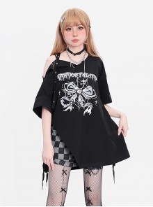 Immortal Legend Series Subculture Off Shoulder Hem Split Bow Print Kawaii Fashion Black Short Sleeves T Shirt