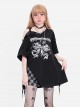 Immortal Legend Series Subculture Off Shoulder Hem Split Bow Print Kawaii Fashion Black Short Sleeves T Shirt