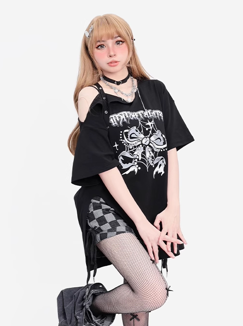 Immortal Legend Series Subculture Off Shoulder Hem Split Bow Print Kawaii Fashion Black Short Sleeves T Shirt