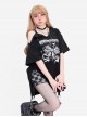 Immortal Legend Series Subculture Off Shoulder Hem Split Bow Print Kawaii Fashion Black Short Sleeves T Shirt