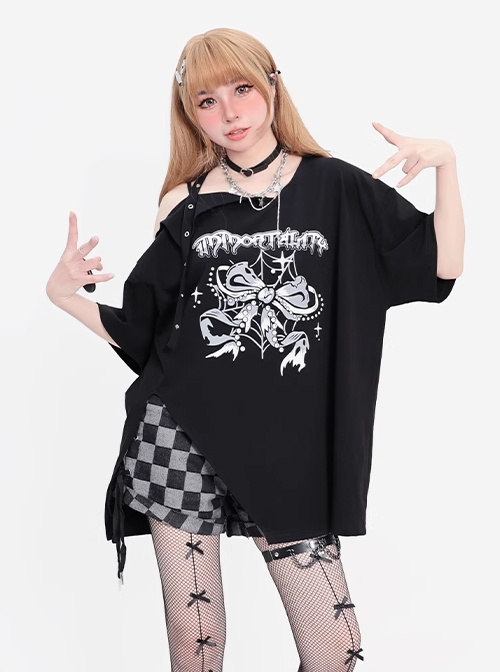 Immortal Legend Series Subculture Off Shoulder Hem Split Bow Print Kawaii Fashion Black Short Sleeves T Shirt