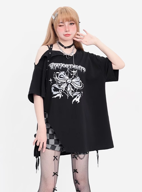 Immortal Legend Series Subculture Off Shoulder Hem Split Bow Print Kawaii Fashion Black Short Sleeves T Shirt