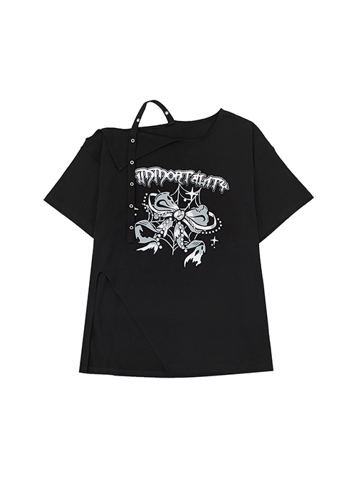 Immortal Legend Series Subculture Off Shoulder Hem Split Bow Print Kawaii Fashion Black Short Sleeves T Shirt