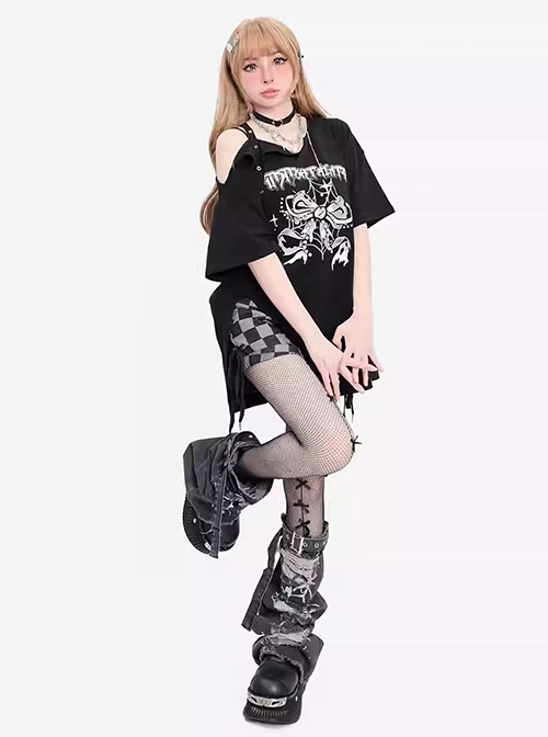 Immortal Legend Series Subculture Off Shoulder Hem Split Bow Print Kawaii Fashion Black Short Sleeves T Shirt