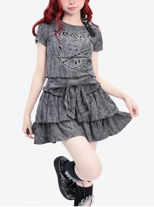 Love'S Warning Line Series Unique Ripped Wasteland Style Subculture Print Kawaii Fashion Gray Slim Fit T Shirt