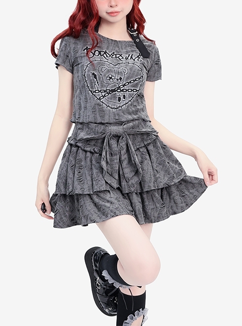 Love'S Warning Line Series Unique Ripped Wasteland Style Subculture Print Kawaii Fashion Gray Slim Fit T Shirt