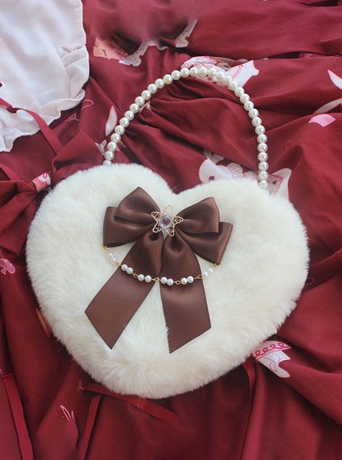 Handmade Ribbon Bowknot Pearl Chain Star Accessory Sweet Lolita Plush Heart Shape Crossbody Handbag