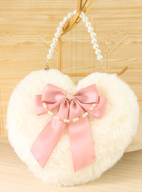 Handmade Ribbon Bowknot Pearl Chain Star Accessory Sweet Lolita Plush Heart Shape Crossbody Handbag