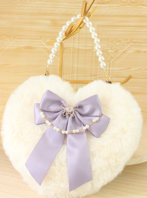 Handmade Ribbon Bowknot Pearl Chain Star Accessory Sweet Lolita Plush Heart Shape Crossbody Handbag