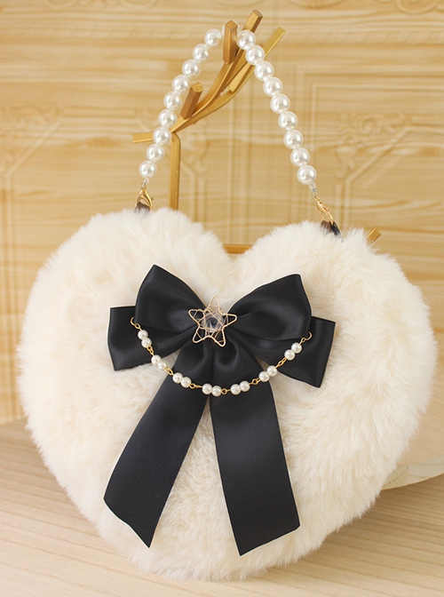 Handmade Plush Heart Shape Elegant Bowknot Pearl Chain Star Accessory Sweet Lolita Plush Crossbody Bag