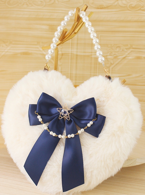 Handmade Plush Heart Shape Elegant Bowknot Pearl Chain Star Accessory Sweet Lolita Plush Crossbody Bag