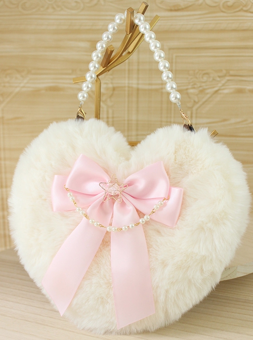 Handmade Plush Heart Shape Elegant Bowknot Pearl Chain Star Accessory Sweet Lolita Plush Crossbody Bag