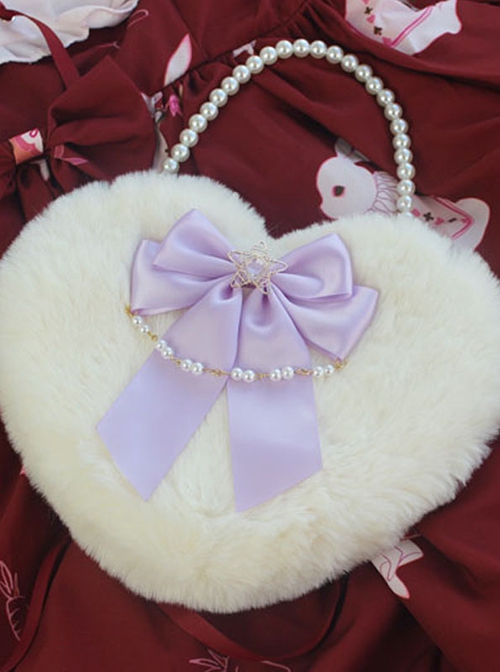 Handmade Plush Heart Shape Elegant Bowknot Pearl Chain Star Accessory Sweet Lolita Plush Crossbody Bag