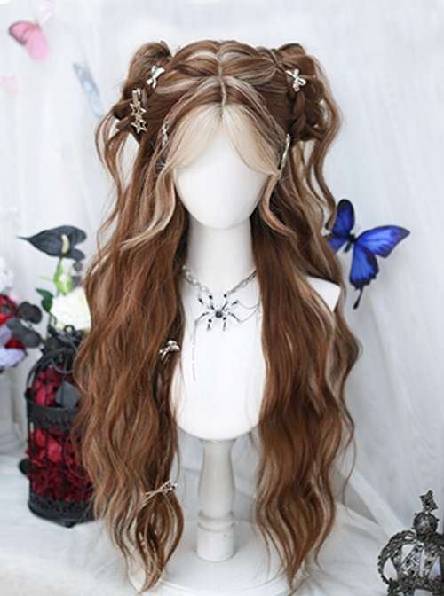 Brown Blond Highlights Hottie Mid Spli Bangs Long Curly Hair Sweet Lolita Chic Wig