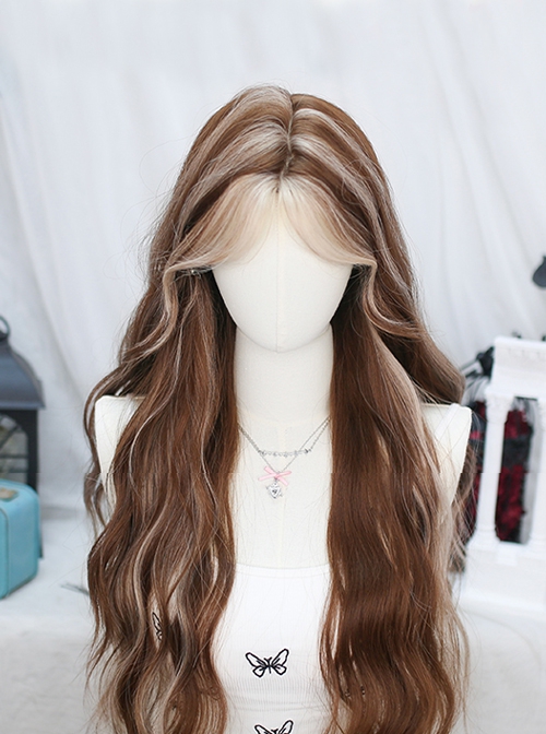 Brown Blond Highlights Hottie Mid Spli Bangs Long Curly Hair Sweet Lolita Chic Wig