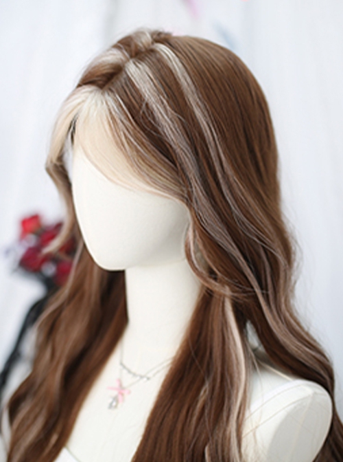 Brown Blond Highlights Hottie Mid Spli Bangs Long Curly Hair Sweet Lolita Chic Wig