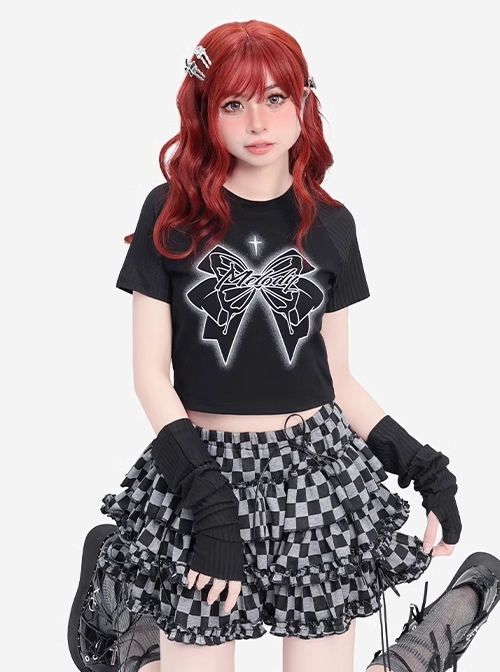 Butterfly Melody Series Punk Butterfly Feel Butterfly Print Kawaii Fashion Black Slim Fit T Shirt Set