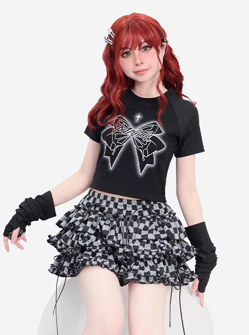 Butterfly Melody Series Punk Butterfly Feel Butterfly Print Kawaii Fashion Black Slim Fit T Shirt Set