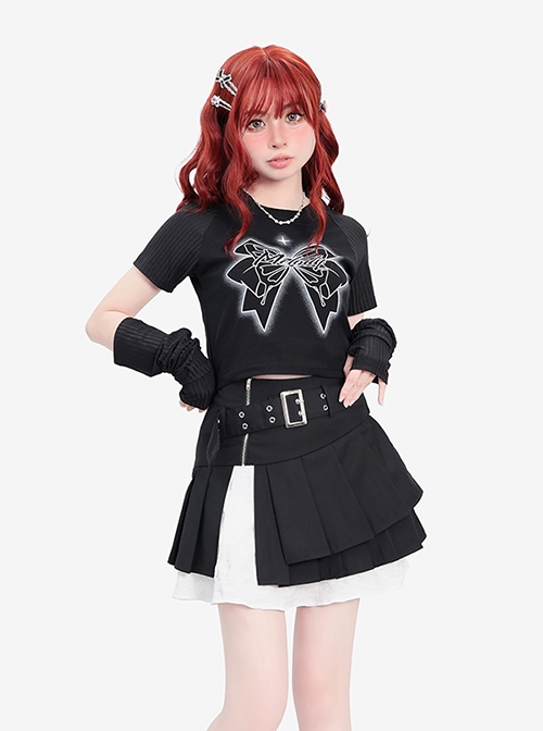 Butterfly Melody Series Punk Butterfly Feel Butterfly Print Kawaii Fashion Black Slim Fit T Shirt Set