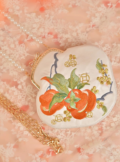 Good Persimmon Series Auspicious Classic Chinese Hanfu Cheongsam Kawaii Fashion Pearl Handle Embroidered Handbag