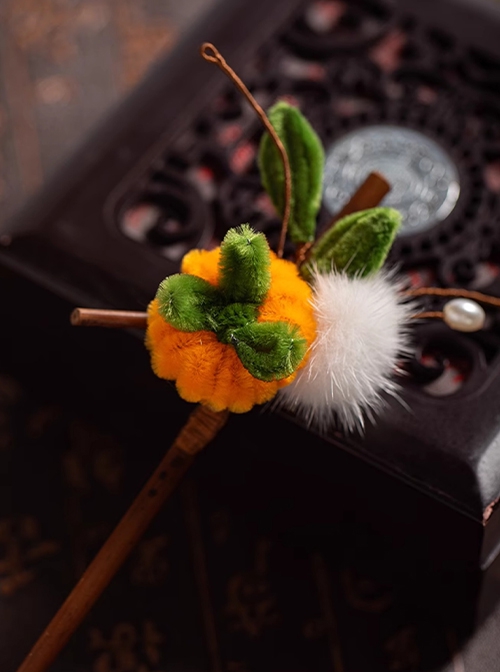 Plush Persimmon Green Leaves Fur Ball Kawaii Fashion Imitation Tree Branche Classic Hanfu Hairpin