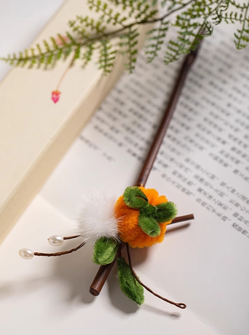 Plush Persimmon Green Leaves Fur Ball Kawaii Fashion Imitation Tree Branche Classic Hanfu Hairpin