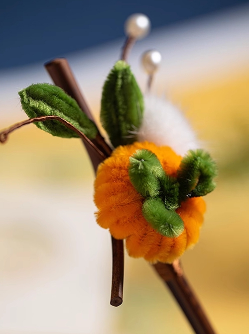 Plush Persimmon Green Leaves Fur Ball Kawaii Fashion Imitation Tree Branche Classic Hanfu Hairpin