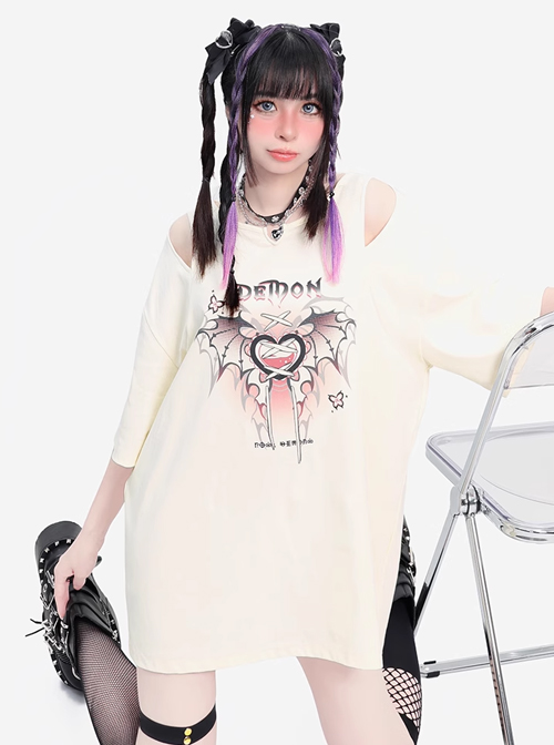 Charming Heart Series Unique Off-Shoulder Design Punk Style Metal Love Kawaii Fashion Apricot Short Sleeves T Shirt