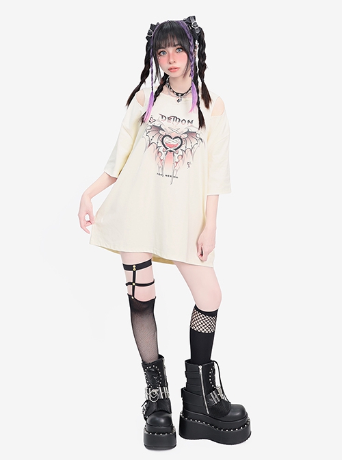 Charming Heart Series Unique Off-Shoulder Design Punk Style Metal Love Kawaii Fashion Apricot Short Sleeves T Shirt