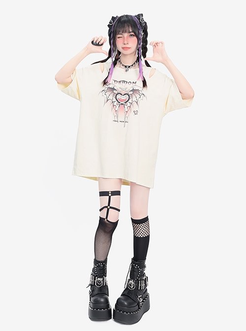 Charming Heart Series Unique Off-Shoulder Design Punk Style Metal Love Kawaii Fashion Apricot Short Sleeves T Shirt