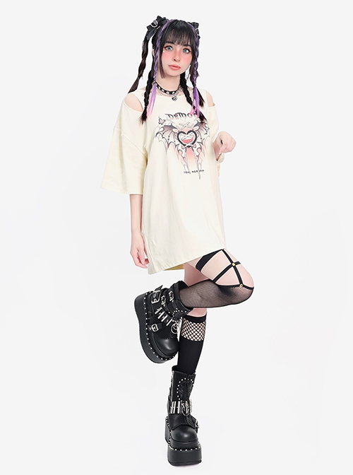 Charming Heart Series Unique Off-Shoulder Design Punk Style Metal Love Kawaii Fashion Apricot Short Sleeves T Shirt