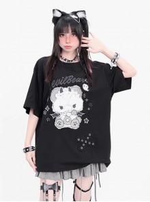 Devil Bear Series Sweet Cool Punk Doll Bear Print Metal Buckle Decoration Kawaii Fashion Black Short Sleeves T Shirt