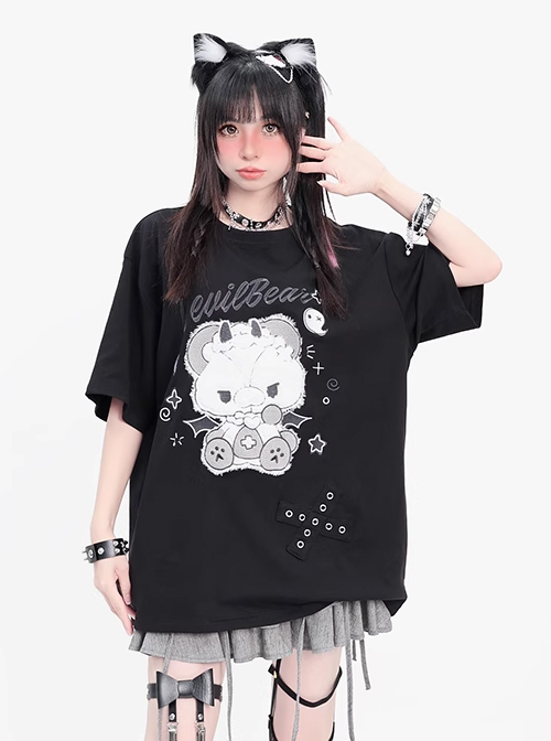 Devil Bear Series Sweet Cool Punk Doll Bear Print Metal Buckle Decoration Kawaii Fashion Black Short Sleeves T Shirt