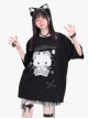 Devil Bear Series Sweet Cool Punk Doll Bear Print Metal Buckle Decoration Kawaii Fashion Black Short Sleeves T Shirt