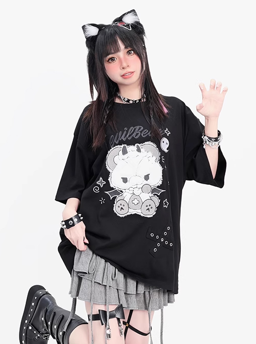 Devil Bear Series Sweet Cool Punk Doll Bear Print Metal Buckle Decoration Kawaii Fashion Black Short Sleeves T Shirt