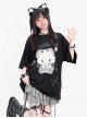 Devil Bear Series Sweet Cool Punk Doll Bear Print Metal Buckle Decoration Kawaii Fashion Black Short Sleeves T Shirt