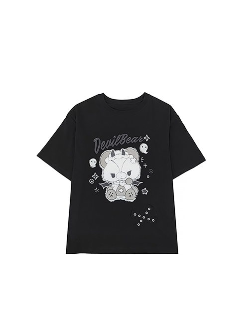 Devil Bear Series Sweet Cool Punk Doll Bear Print Metal Buckle Decoration Kawaii Fashion Black Short Sleeves T Shirt