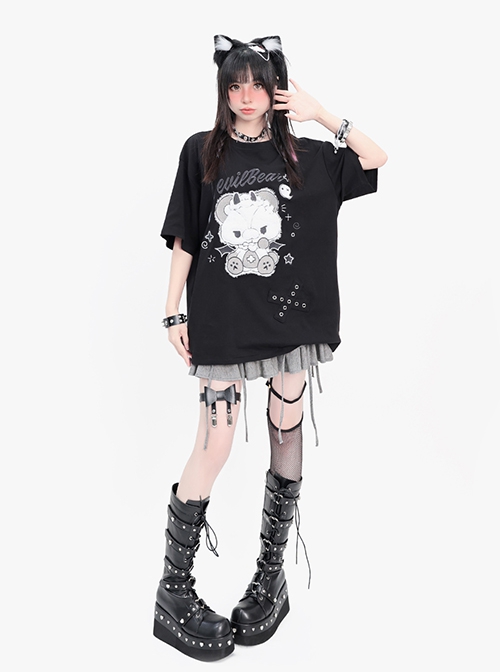 Devil Bear Series Sweet Cool Punk Doll Bear Print Metal Buckle Decoration Kawaii Fashion Black Short Sleeves T Shirt