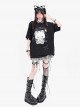 Devil Bear Series Sweet Cool Punk Doll Bear Print Metal Buckle Decoration Kawaii Fashion Black Short Sleeves T Shirt