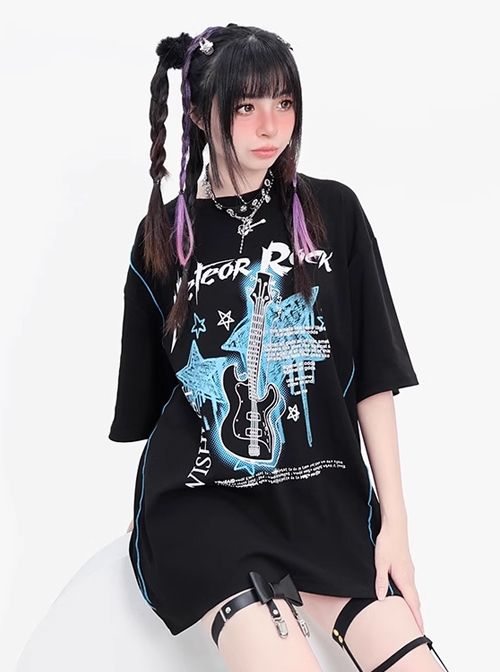 Crazy Rock Series Sweet Cool Punk Style Guitar Print Kawaii Fashion Black Loose Short Sleeves T Shirt