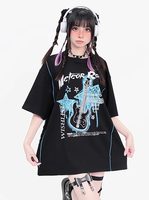 Crazy Rock Series Sweet Cool Punk Style Guitar Print Kawaii Fashion Black Loose Short Sleeves T Shirt