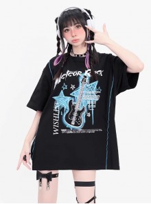 Crazy Rock Series Sweet Cool Punk Style Guitar Print Kawaii Fashion Black Loose Short Sleeves T Shirt