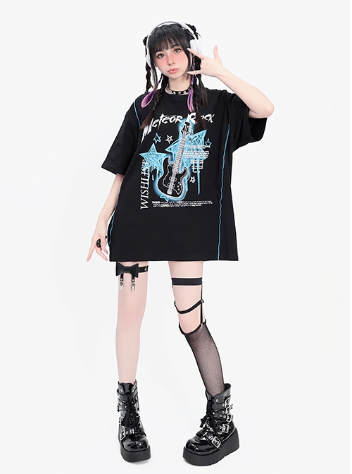 Crazy Rock Series Sweet Cool Punk Style Guitar Print Kawaii Fashion Black Loose Short Sleeves T Shirt