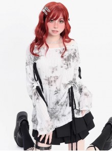 Misty Dreams Series Sweet Bow Drawstring Design Kawaii Fashion Black White Tie Dye Long Sleeves Top