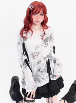 Misty Dreams Series Sweet Bow Drawstring Design Kawaii Fashion Black White Tie Dye Long Sleeves Top