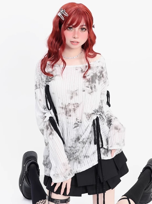 Misty Dreams Series Sweet Bow Drawstring Design Kawaii Fashion Black White Tie Dye Long Sleeves Top